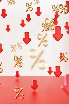 The scene shows floating red arrows pointing down and gold percentage signs.. Stock Illustration