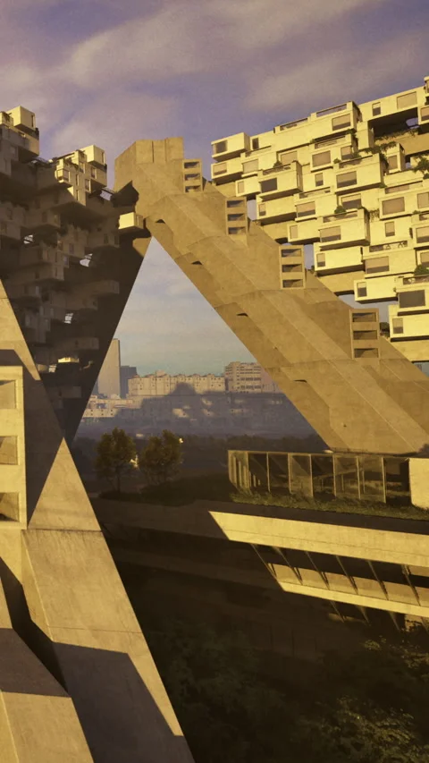 The scene shows a large concrete structure with angular shapes and sections Video stock 332213914