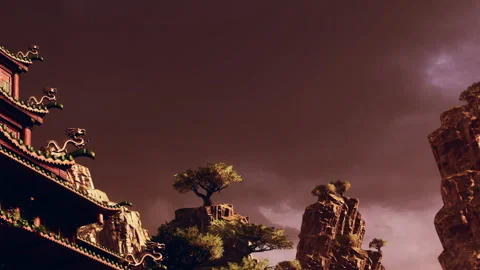 The scene shows large rocky mountains with trees on top Stock Footage 345063965