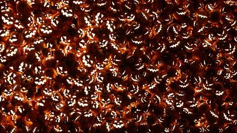 A scene shows many jack-o-lantern pumpkins arranged closely together Stock Illustration