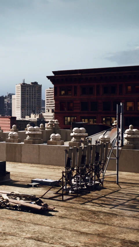 The scene shows a rooftop with construction equipment and tools Stock Footage 336250463