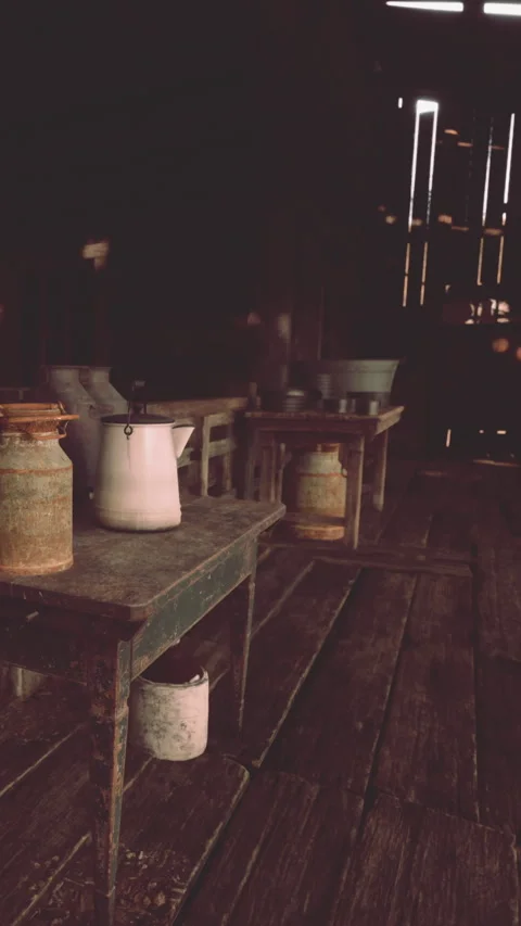 The scene shows a rustic kitchen with wooden tables and various containers Stock Footage 335688111