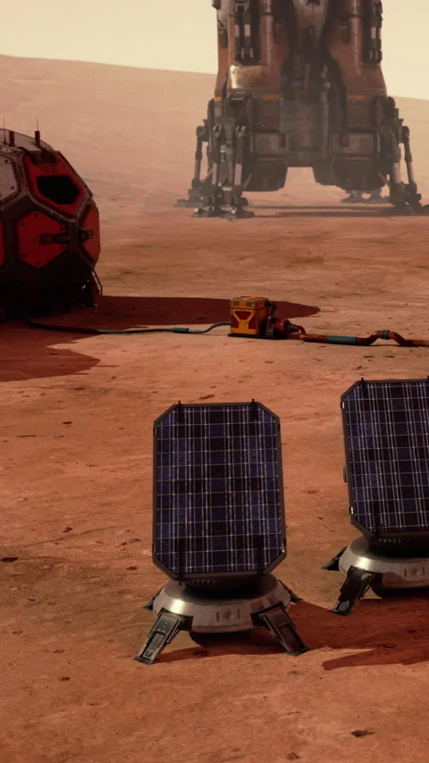 The scene shows solar panels set up on the surface of Mars Stock Footage 339785518