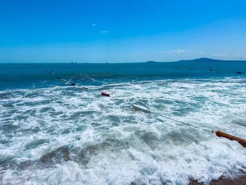 The scene shows waves hitting the sandy beach with floating logs in the water Stock-Fotos
