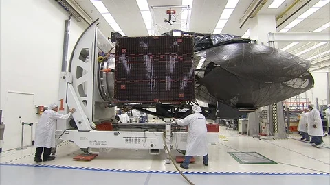 Scene of Solar Array Deployment in Tracking and Data Relay Satellites - 2013 Stock Footage 112273031