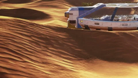 Scene of a spacecraft on the sandy surface of an alien planet during sunlight Stock Footage 344827901