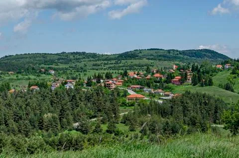 Scene with springtime mountain glade, forest and residential district Stock Photos