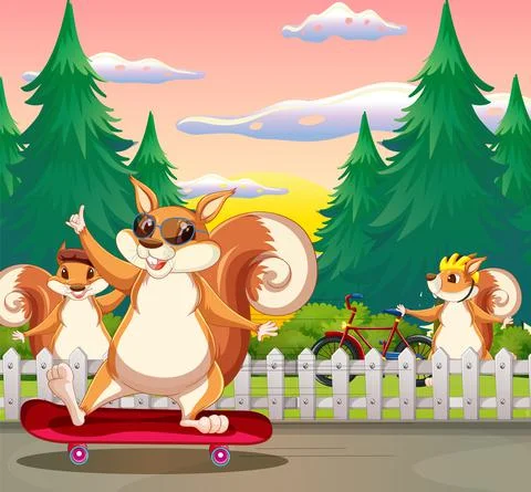 A scene of squirrel playing skateboard Stock Illustration