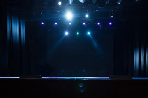 Scene, stage light with colored spotlights and smoke Stock Photos