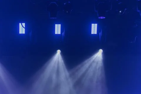 Scene, stage light with colored spotlights and smoke 스톡 사진