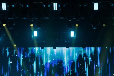 Scene, stage light with colored spotlights and smoke Stock-Fotos