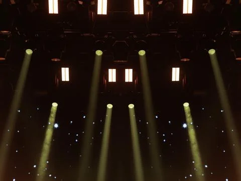 Scene, stage light with colored spotlights and smoke Stock Photos