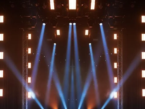 Scene, stage light with colored spotlights and smoke Stock Photos