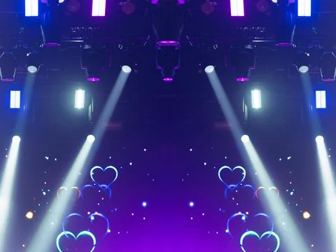 Scene, stage light with colored spotlights and smoke 스톡 사진