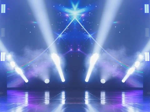 Scene, stage light with colored spotlights and smoke 库存照片