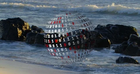 On scene start binary sphere appearing, rotating, revealing red, white digits, Stock Footage 328249521