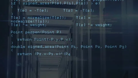At scene start C++ overlay scrolling over data center corridor showing network Stock Footage 317369229