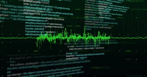 On scene start green waveform growing spikes while code scrolling, visualizing Stock Footage 320896841