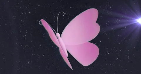 At scene start pink 3D butterfly pivoting to reveal wings against star field Видео 315748599