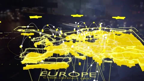 On scene start yellow 3D EUROPE map glowing, nodes pulsing and arcs connecting, Stock Footage 337905024