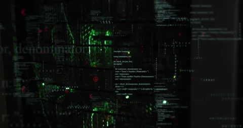 Scene starting on dark server showing glowing fans and binary code visualizing Stock Footage 312915854