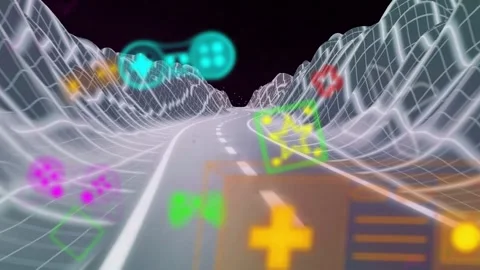 Scene starting, winding two-lane road moving, wireframe hills, icons sliding, Stock Footage 337905008