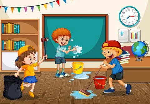 Scene with students cleaning classroom together Illustrazione stock