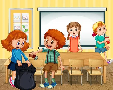 Scene with students cleaning classroom together Stock Illustration