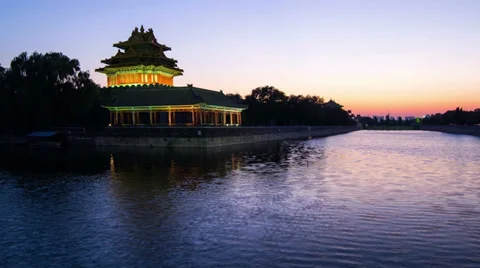 The scene of sunset at corner tower of Palace Museum, Beijing, China Stock Footage 33871500