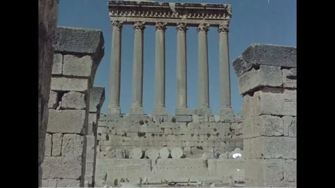 Scene of temple of Jupiter ruins consisting of the six standing columns - 1958 Stock Footage 103601378