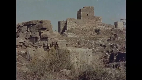 Scene of temple of Jupiter ruins consisting of the six standing columns - 1958 Stock Footage 103601384