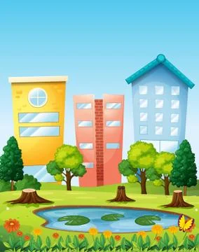 Scene with three buildings by the pond Ilustración de archivo