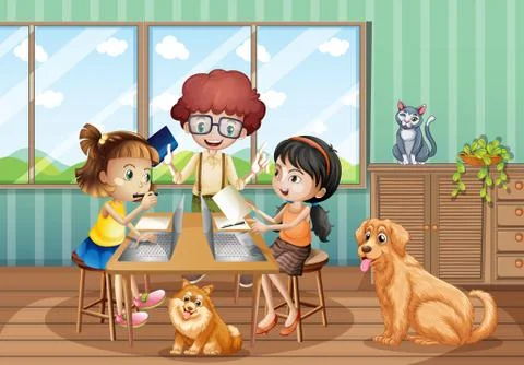 Scene with three kids working on computer at home Stock Illustration