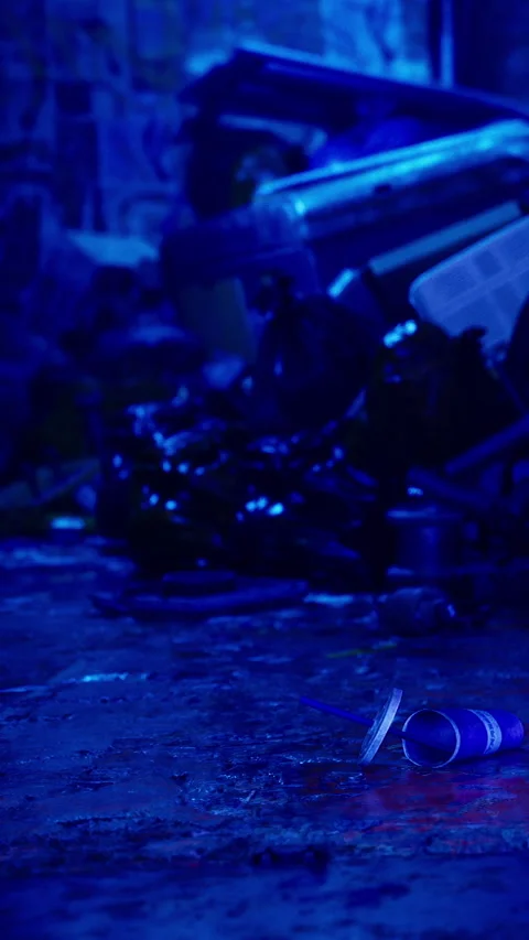 Scene of trash and litter in a dimly lit area with blue lighting Stock Footage 342352463