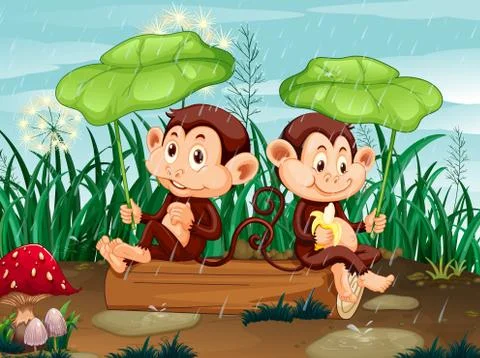 Scene with two monkeys in the rain Stock Illustration