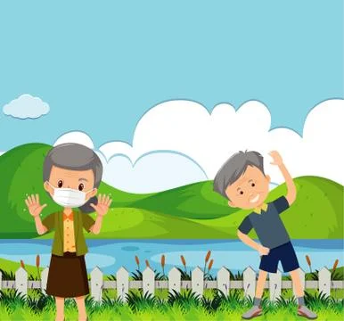 Scene with two old people exercising in the park Ilustración de archivo