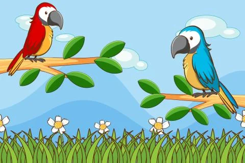 Scene with two parrots in garden 库存插图