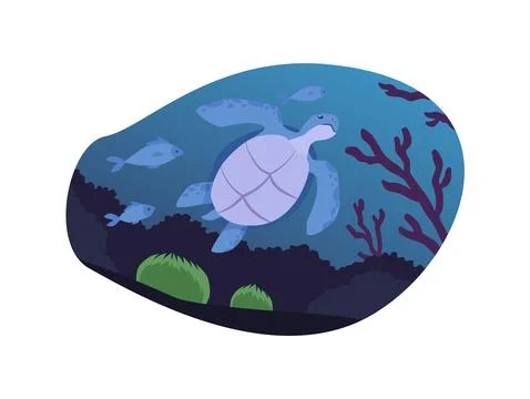 Scene with underwater turtle, vector sticker. Flat isolated style. Stockillustratie