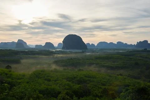 Scene view point of mountain range and fog during sunrise in the morning Stock Photos