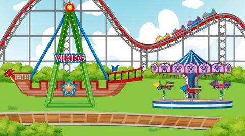 Scene with viking ship and roller coaster in the fair Stock Illustration