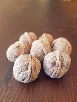 Scene of walnuts on a table Stock Photos
