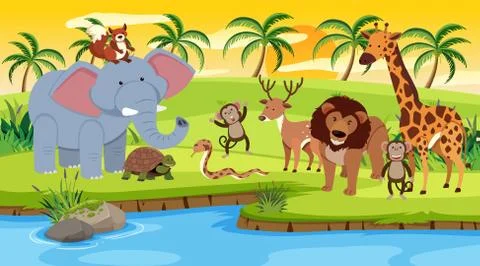 Scene with wild animals standing by the river at sunset Illustrazione stock