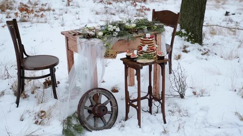 Scene of winter table with chairs wedding rings of gold during winter wedding Stock Footage 102511651