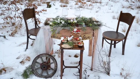 Scene of winter table with chairs  winter wedding in the middle of forest Stock Footage 102511644