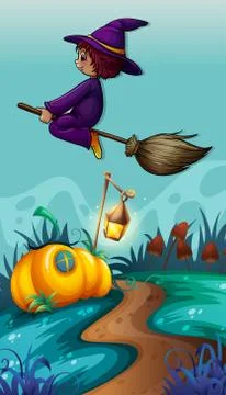 Scene with witch on flying broom Stock Illustration
