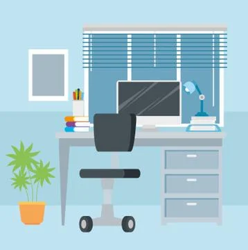 Scene workplace with desk and computer Stock-Illustration