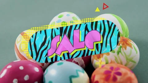 On scene zebra-print panel appearing over eggs, filling with SALE text, pulsing Stock Footage 329909037