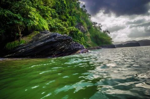 Sceneric beach with rocks deep inside the forest Stock Photos
