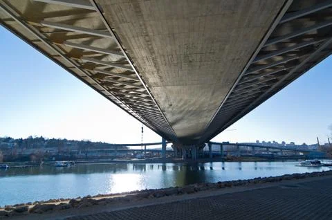 Scenery below the cable bridge construction site at Ada in Belgrade Stock Photos