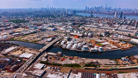 Scenery of Brooklyn and Queens in New York City crossed by Newton Creek. Stock Footage 342077451